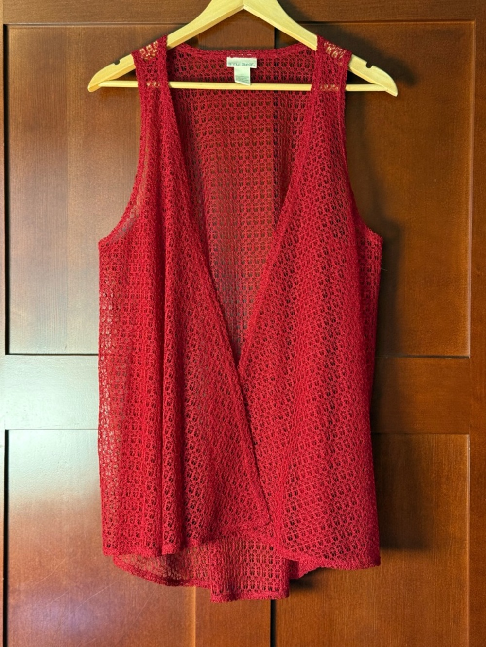 Tru Self Cherry Red Open Crochet Boho Chic Retro 70’s Style Vest Size XL